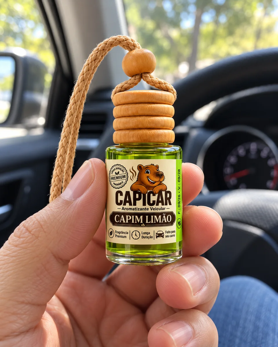 Capicar Pendente Capim Limão segurado na mão no interior do carro